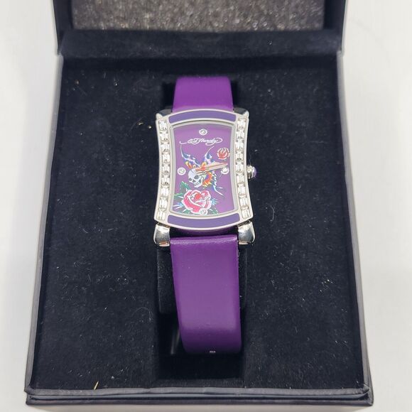 Ed Hardy Quartz Skull Butterfly Rose Leather Purple Watch Japanese Mvmt 3ATM HTF - Picture 2 of 16